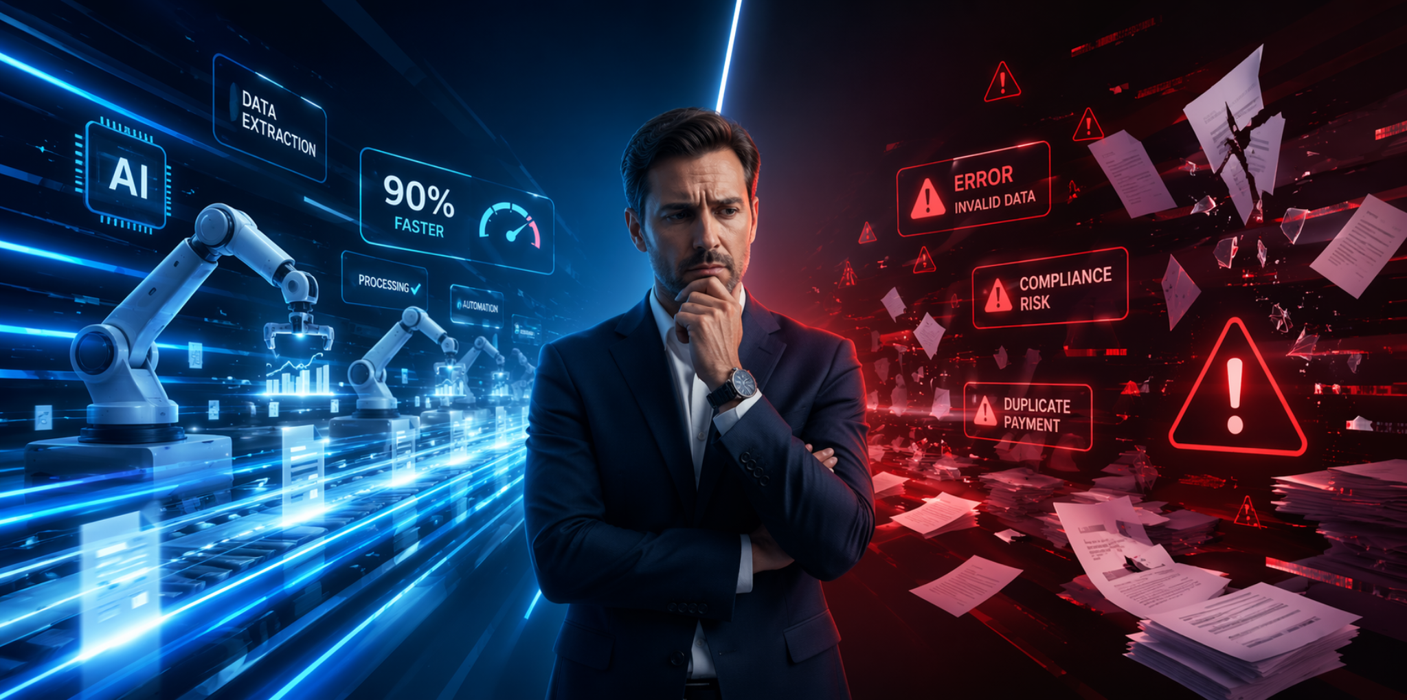 AI automation concept showing fast workflow processing on one side and business risks, errors, and compliance issues on the other